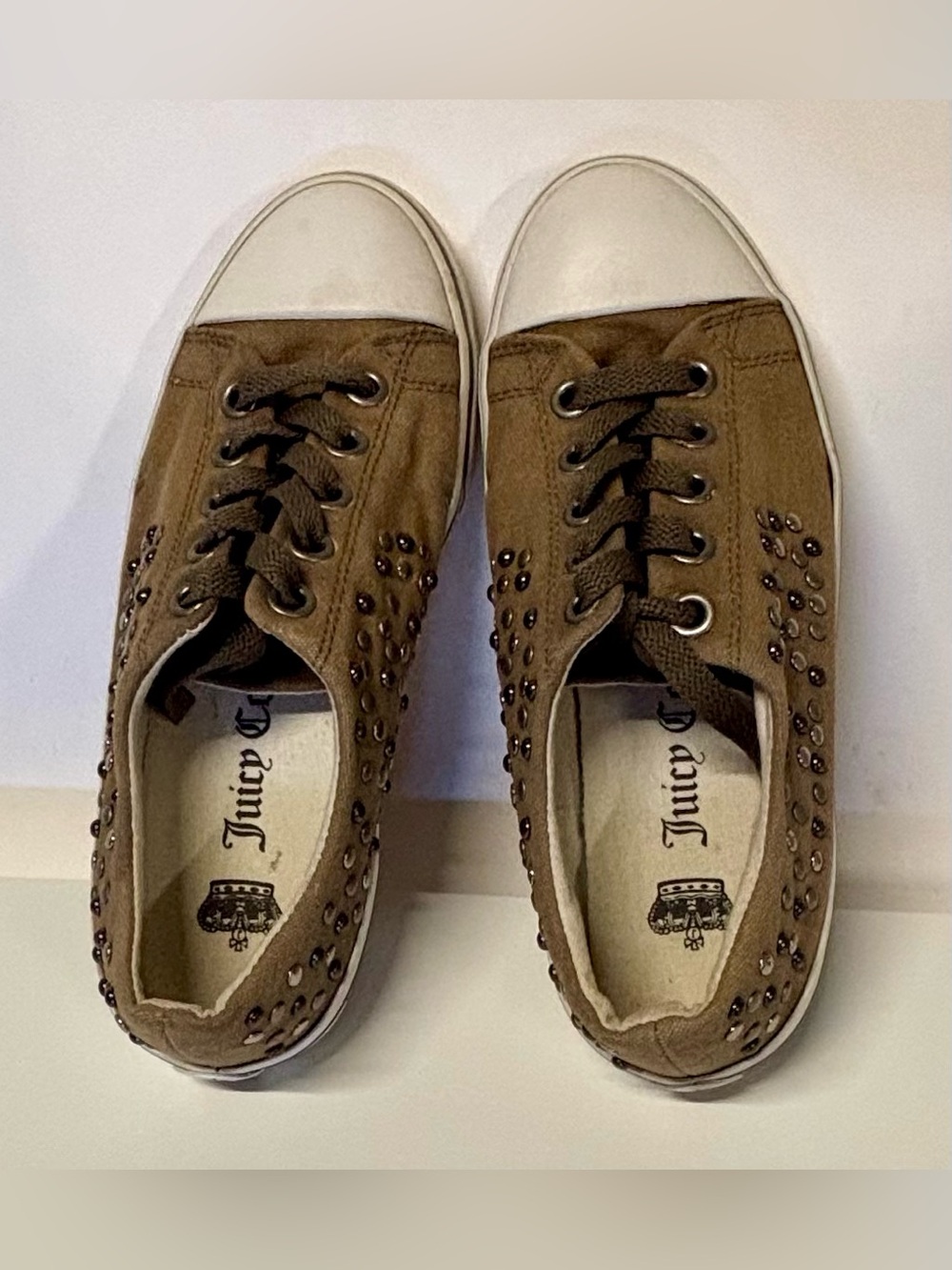 Vintage Juicy Couture Tan Khakis Studded Lace-Up Sneakers with White Toe